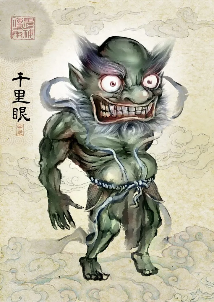 Qianliyan, ထူးခြားသော မြင်ကွင်းရှိသူဖြစ်ပြီး ပင်လယ်ကို စောင့်ရှောက်ရေးနဲ့ ဝတ္ထုများလေးနက်စွာ ကိုင်တွယ်နေတဲ့ တယ်လီစကုပ်ကိုင်ထားသော ပုလ္လင်ပုံကြီး