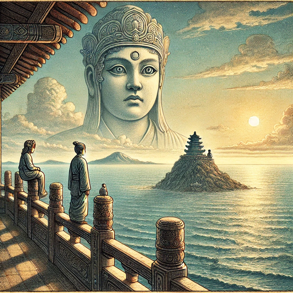 Qianliyan ဟာ မာစူဘုရားကျောင်းရဲ့ မိုးကြီးပေါ်မှာရပ်ပြီး ပင်လယ်ရဲ့အဝေးကိုရှု့ဖော်နေတဲ့ ပုံရိပ်တစ်ခု။ အဝေးမှာ သေးငယ်တဲ့ ကမ်းခြေကလေးတစ်ခုရှိပြီး အဲ့ဒီနေရာမှာလမ်းပျောက်နေတဲ့ ကလေးငယ်တစ်ယောက်ထိုင်နေပါတယ်။ Shunfeng’er ဟာ Qianliyan ရဲ့ အနားမှာ ရပ်ပြီး ပင်လယ်ရဲ့အသံကို ကြားနေရပါတယ်။ နောက်ခံမှာ ကောင်းကင်ပြာနဲ့ လေမြူခင်းကြီးပြထားပြီး နေကမ်းကွန်မှုတွေကလည်း ပင်လယ်နဲ့ ကမ်းခြေကို အလင်းရောင်ပေးထားကာ မျှော်လင့်ချက်နဲ့ စောင့်ရှောက်မှုကို ဆောင်ယူထားပါတယ်။
