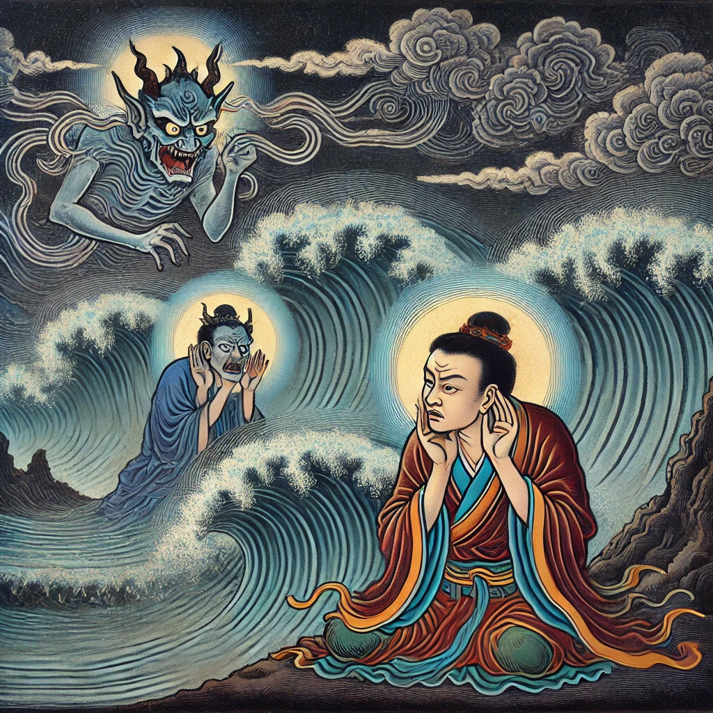 一幅展示顺风耳与魔音使者对抗的画面。画面背景为海面上的夜晚，顺风耳站在海边，双手放在耳边倾听，神情凝重，远处的海中升腾起带有妖气的魔音波纹，魔音使者隐约出现在波纹中，试图控制人心。顺风耳则用神力将魔音驱散，背景风浪交织，展现紧张的氛围。