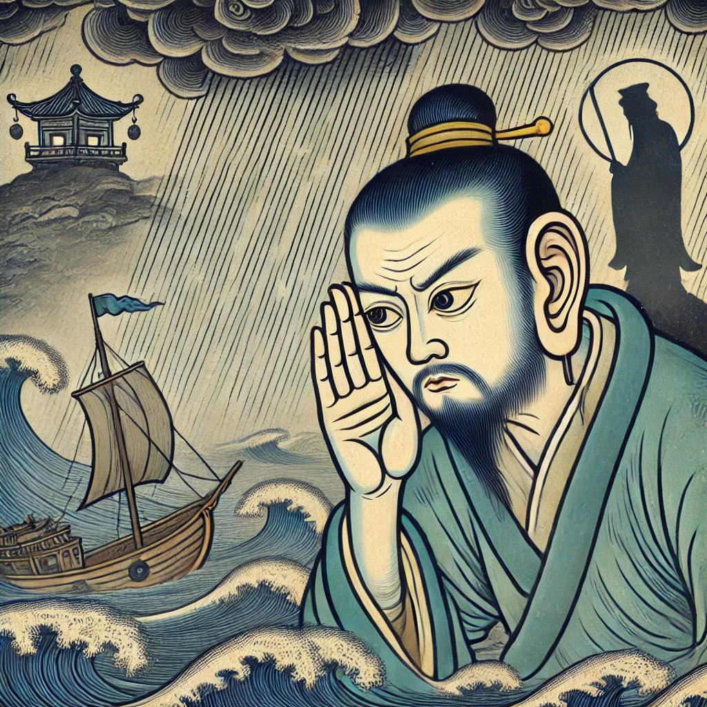 顺风耳站在高处的画面，远方是一片汪洋大海，他正集中精神倾听微弱的呼救声。背景是一艘渔民的小船在狂风暴雨中翻覆，顺风耳的表情专注，仿佛正在通过听觉准确定位船只的位置，背后则是妈祖庙的影子，象征着神灵的庇佑。